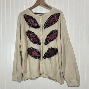 Koos‎ of Course Sweater 1X Silk Lyocell Wool Appliqué Beige Pullover Art to Wear
